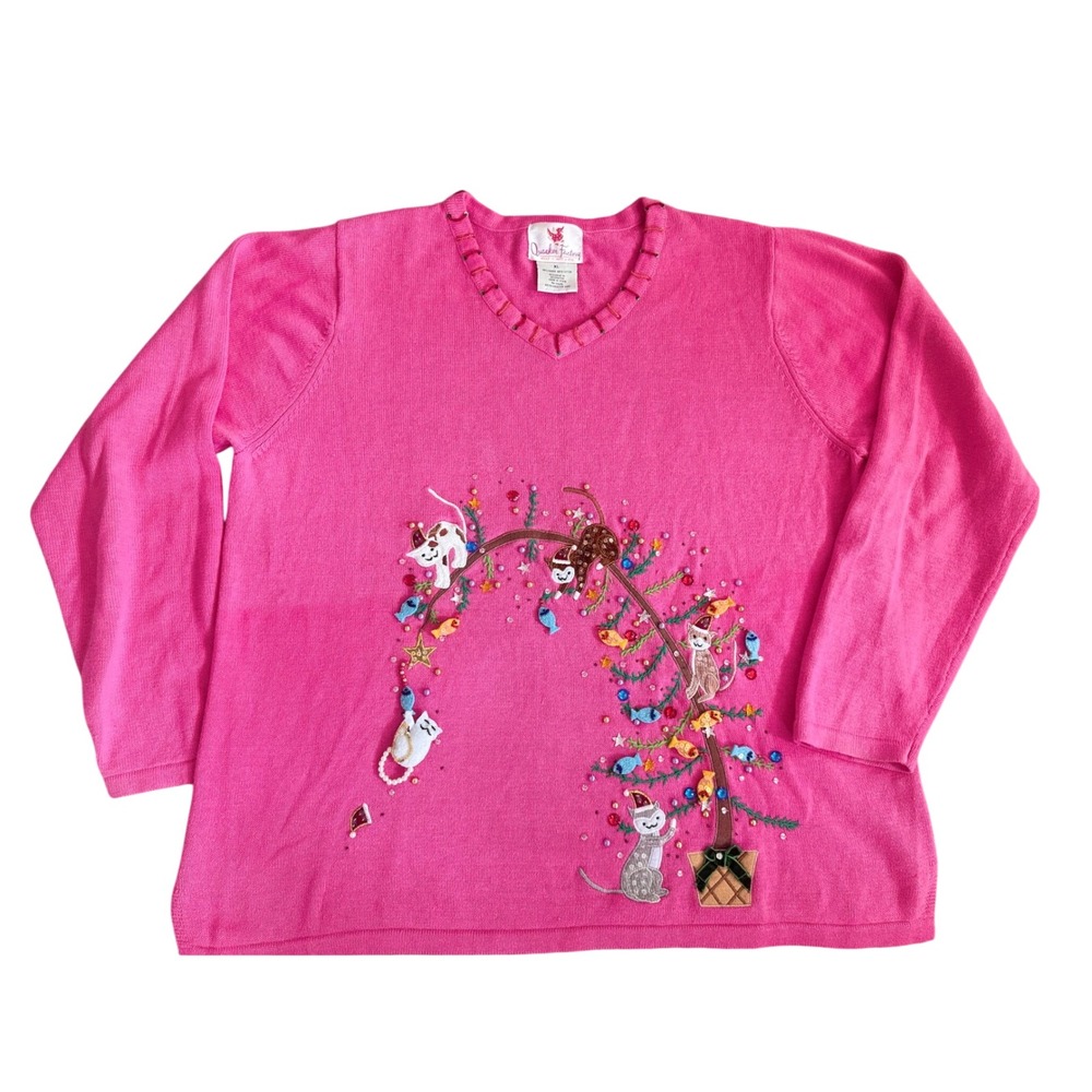 Quacker Factory Pink Cat Christmas Sweater XL Embroidered Beaded Holiday V-Neck